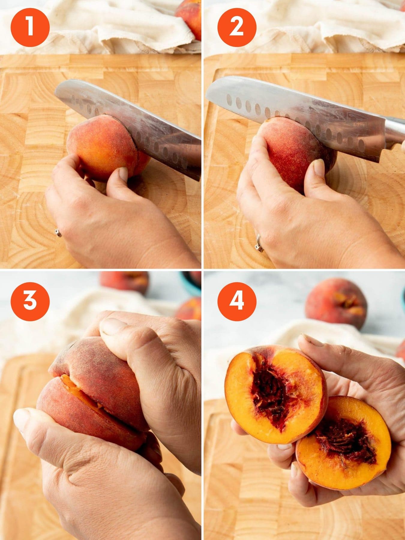 Collage of images showing how to pit a peach in 4 steps.