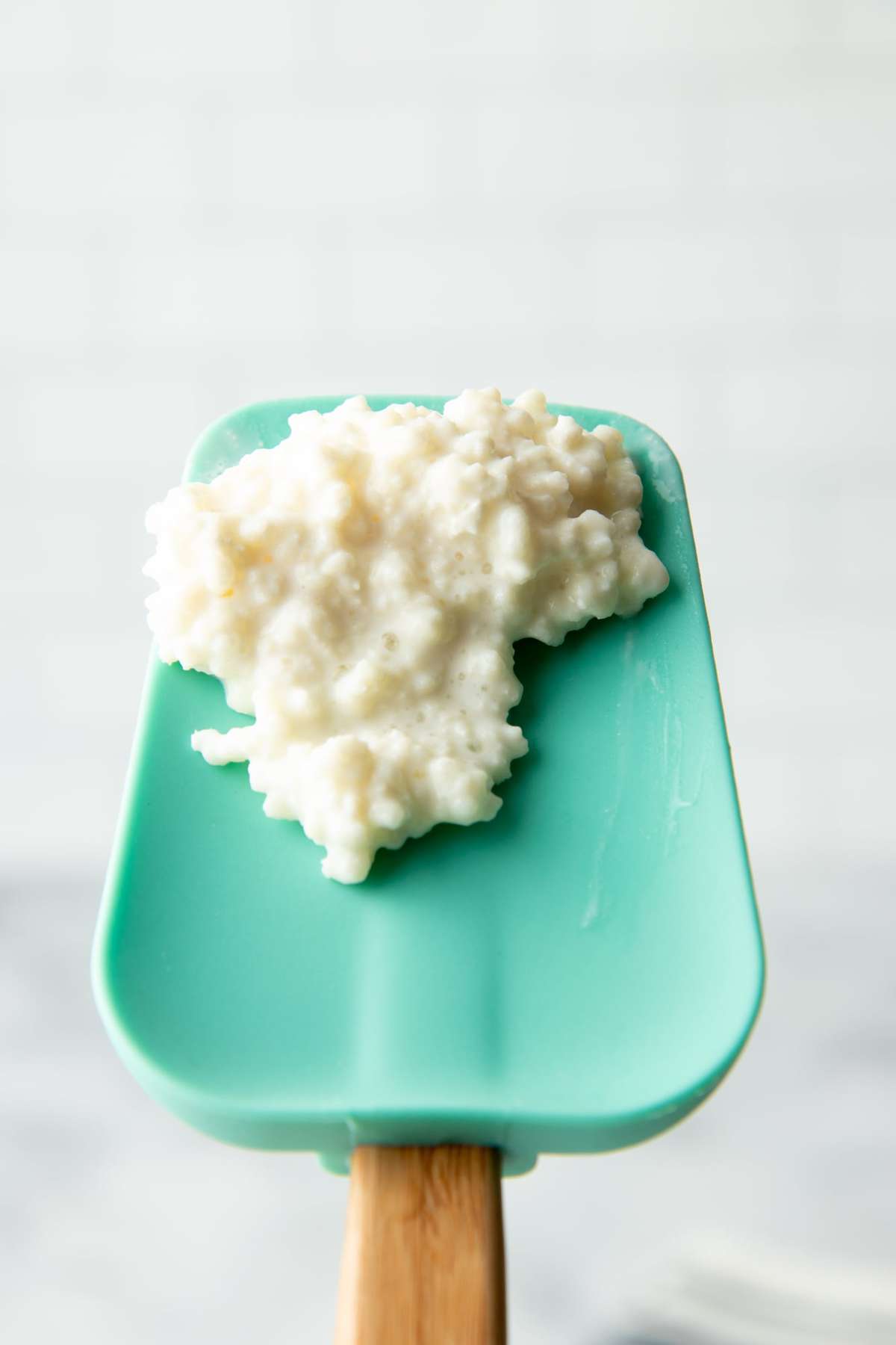 Close-up of kefir grains on a silicone spatula.