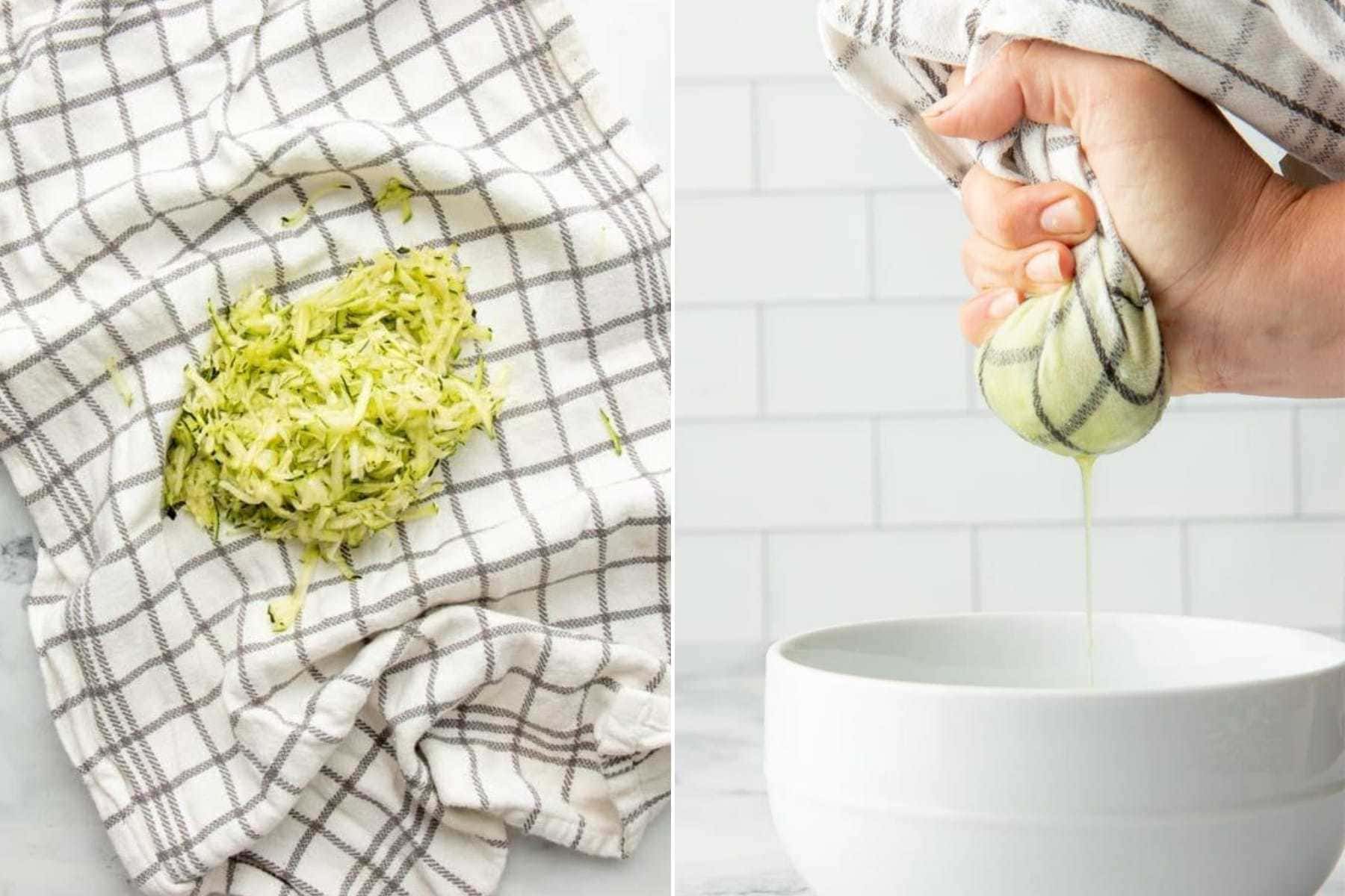Collage showing how to squeeze excess water from shredded zucchini using a kitchen towel.