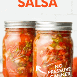 Two jars of salsa on a wooden cutting board. A text overlay reads "How to Can Salsa. No Pressure Canner Needed!"