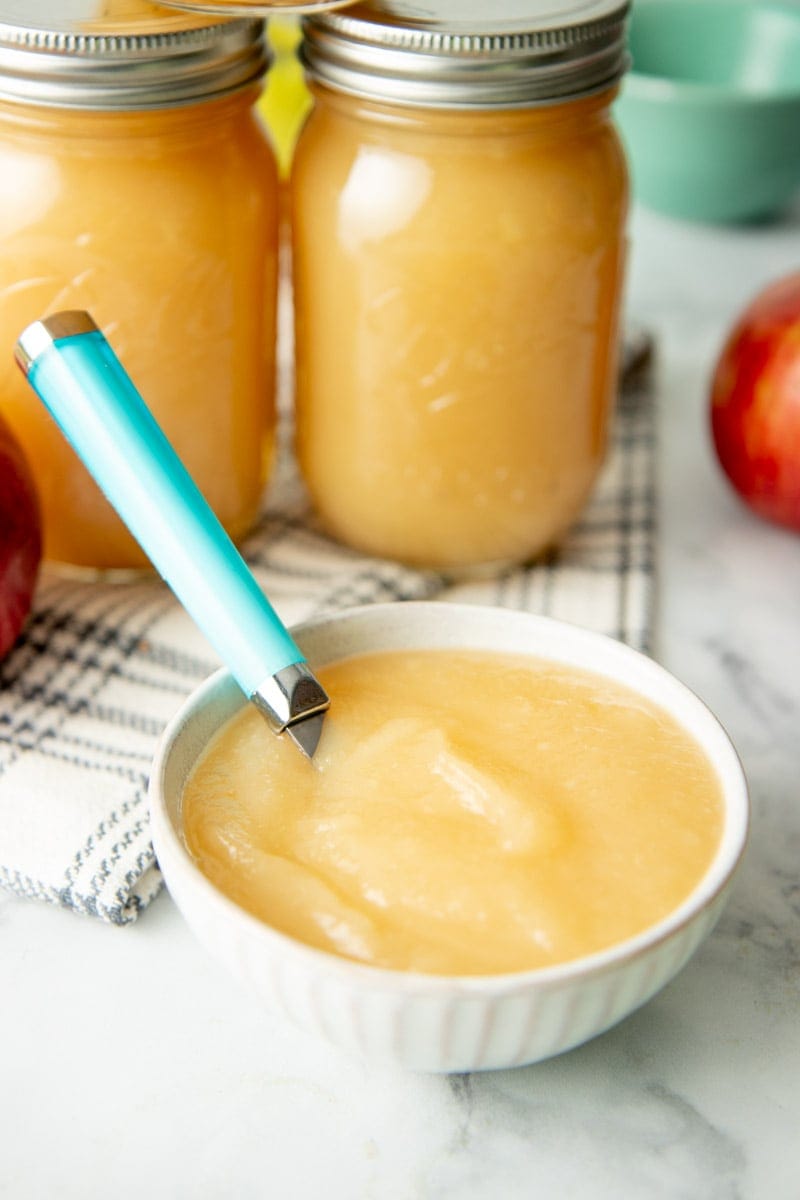 A bowl of canned applesauce with a spoon in it.