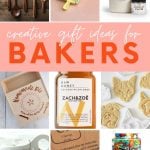 Collage of nine gift ideas for people who love to bake. A text overlay reads, "Creative Gift Ideas for Bakers."