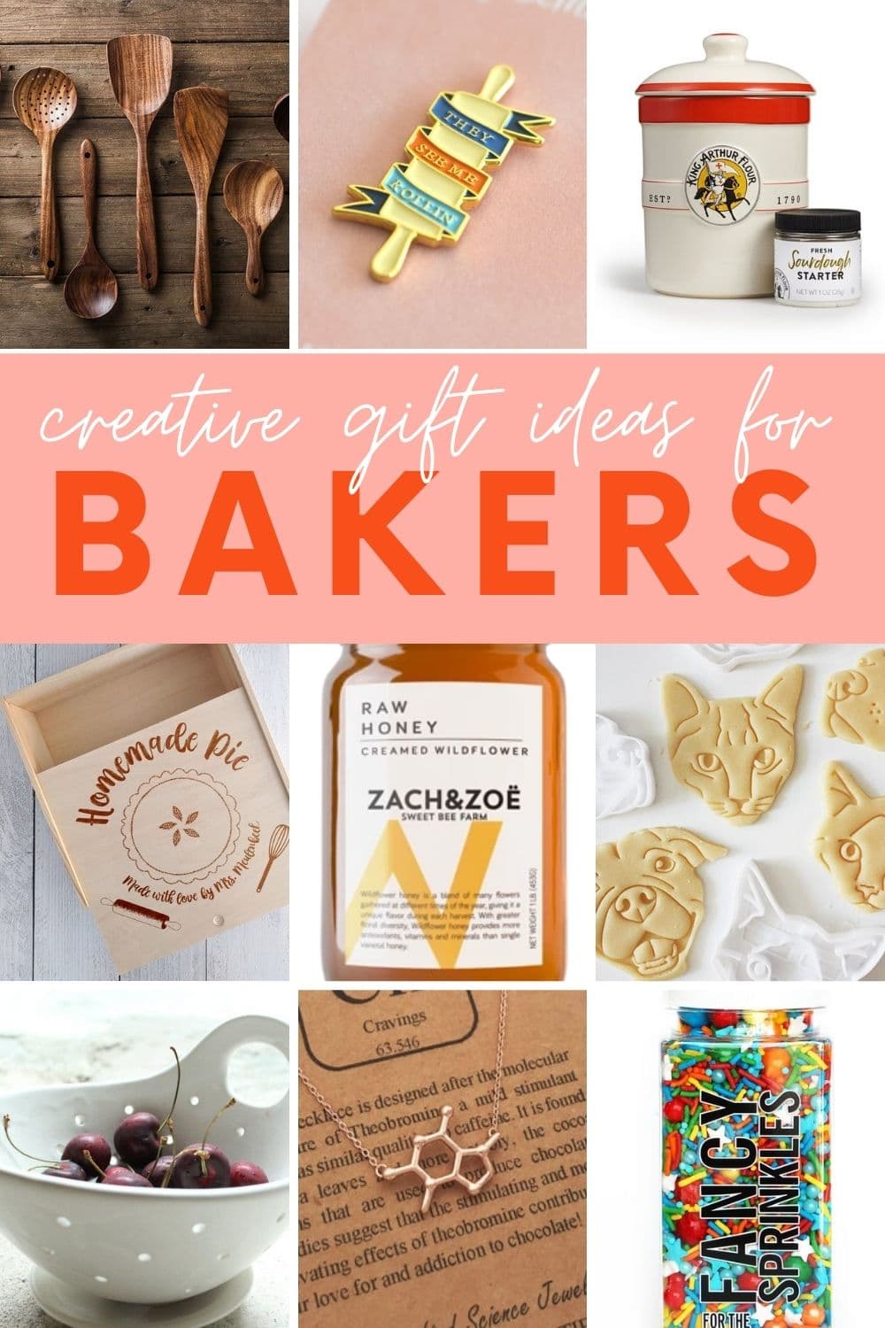 Collage of nine gift ideas for people who love to bake. A text overlay reads, "Creative Gift Ideas for Bakers."
