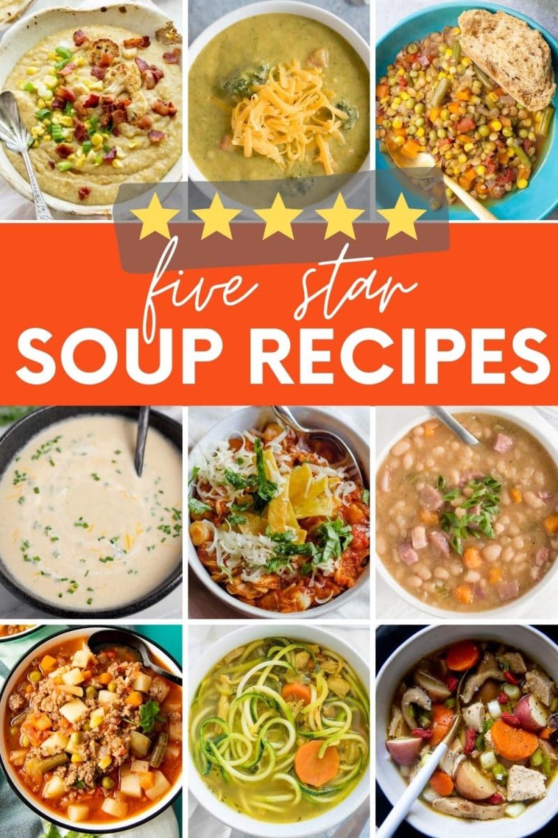 Collage of nine bowls of soup perfect for autumn. A text overlay reads, "Five Star Soup Recipes."