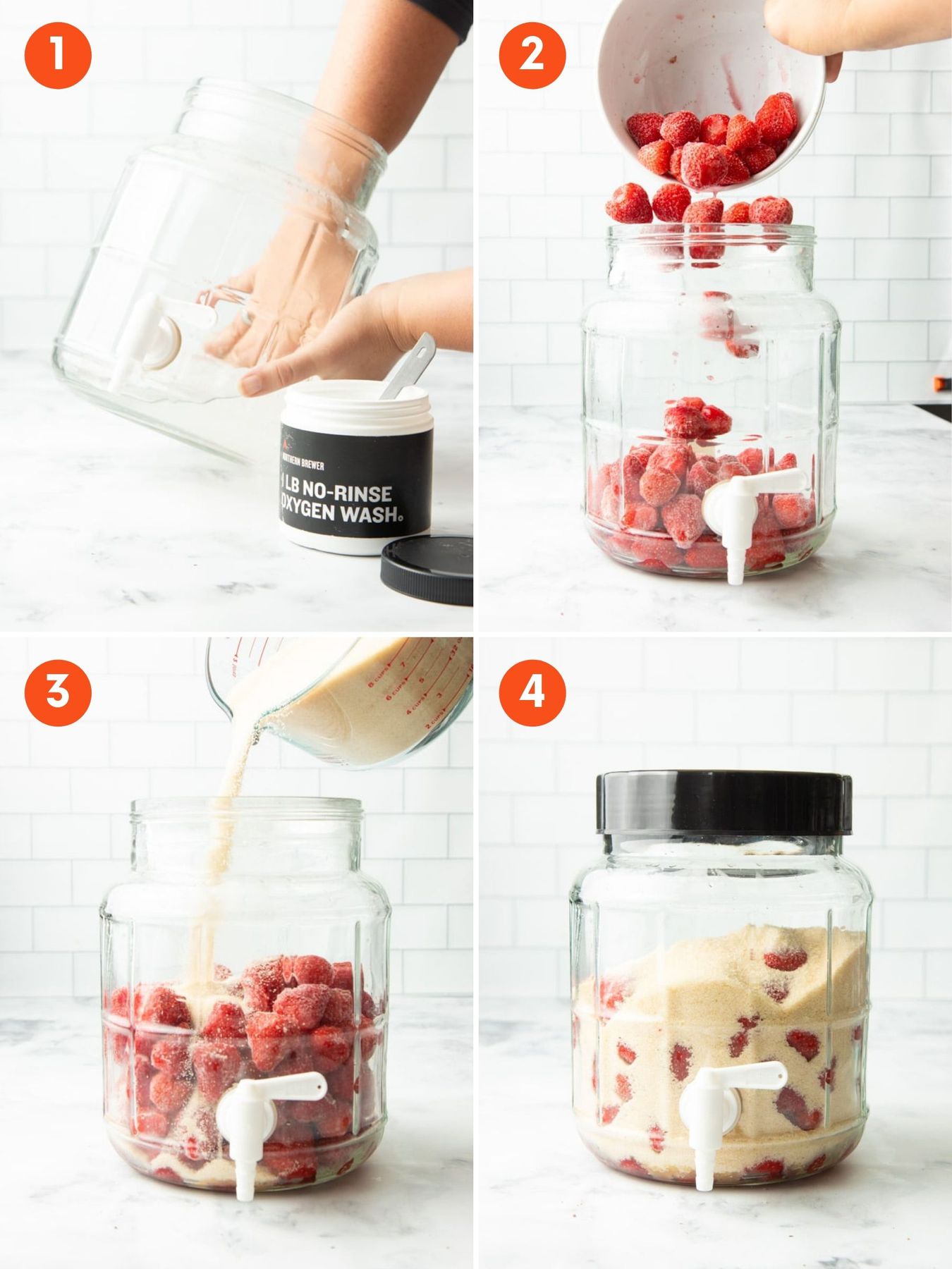 Collage of first four steps to making strawberry wine at home.