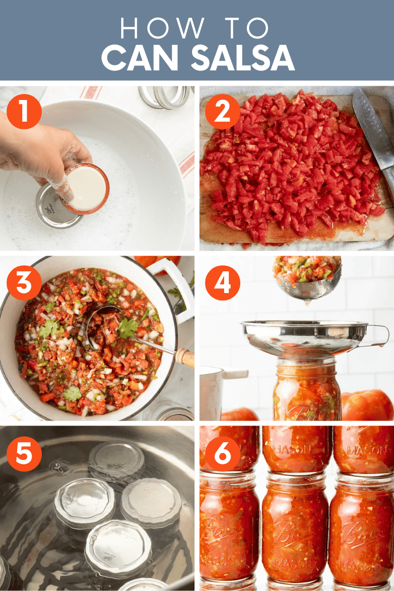 Step by step graphic showing the six steps to canning salsa: 1) prepping the jars and lids 2) prepping the ingredients 3) cooking the salsa 4) filling the jars 5) processing the jars 6) storage