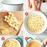 Collage showing six steps to making homemade applesauce.
