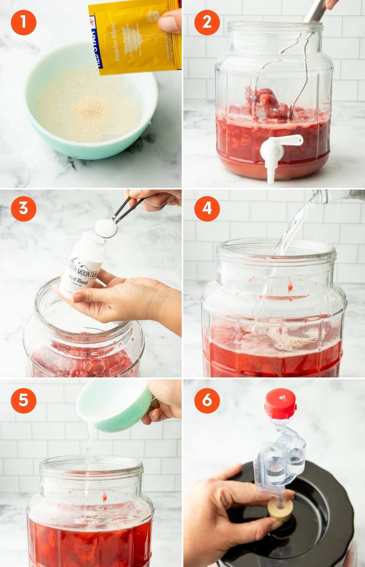 Collage of final six steps to make strawberry wine at home.