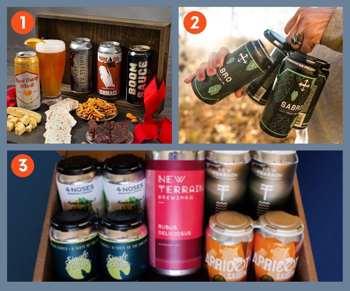 Collage of three beer gift boxes including New Terrain Brewing.