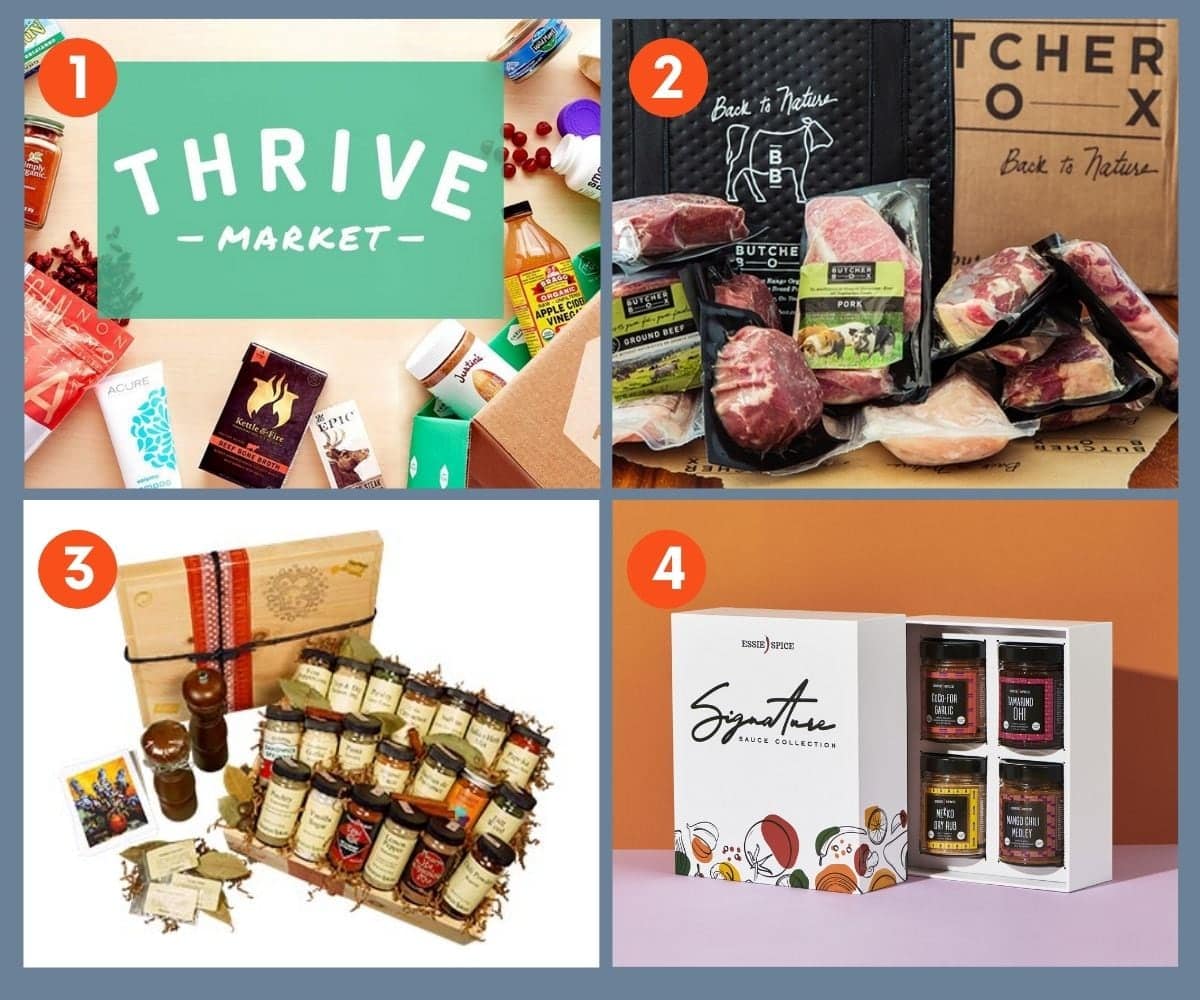 Collage of four gift boxes and memberships for foodies including Thrive Market and Essie Spice Signature Sauce Collection.