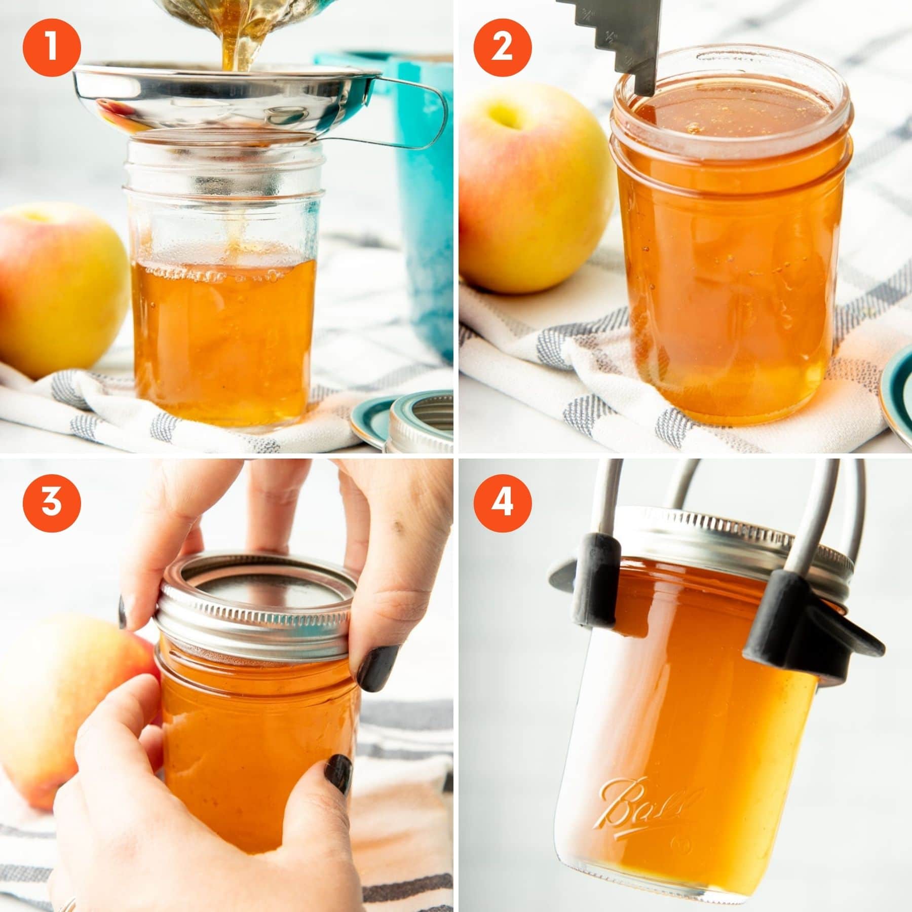 A collage showing four steps to canning.