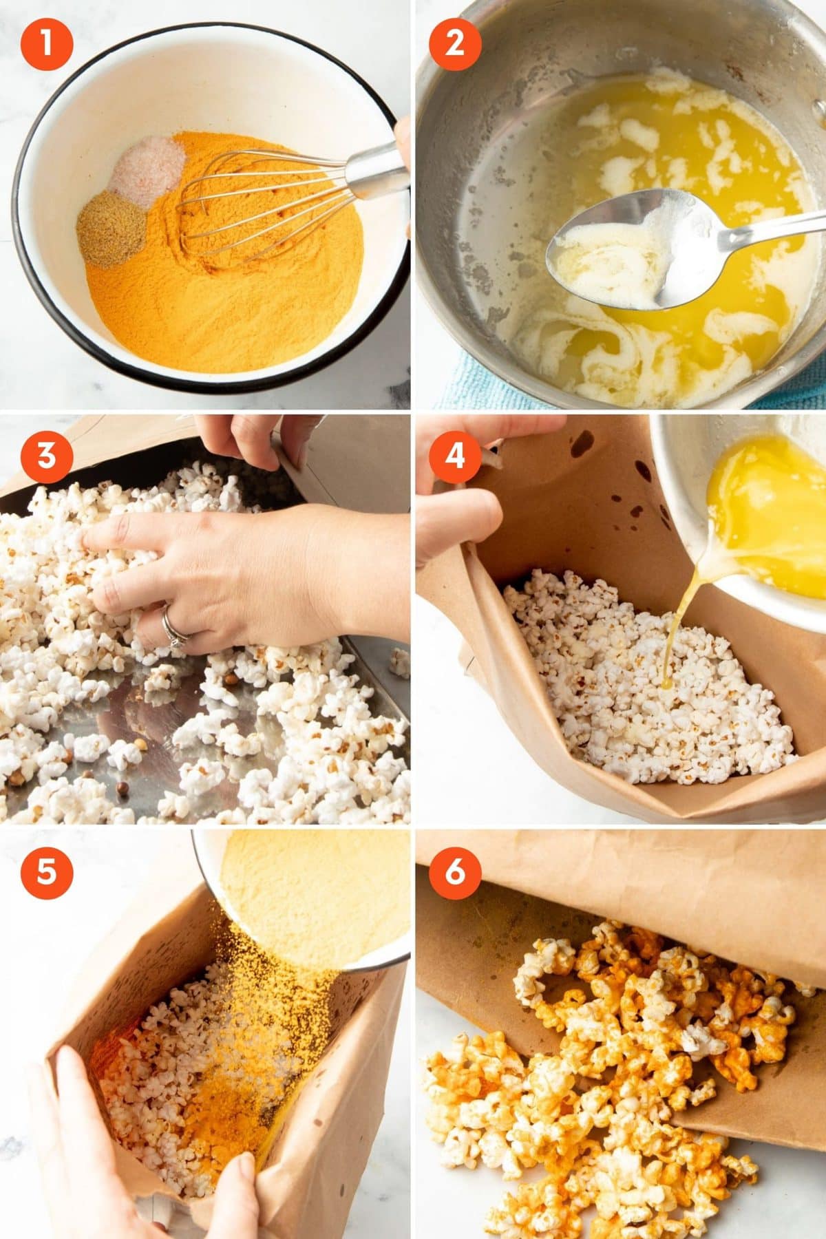 Collage of six steps to make cheddar popcorn.