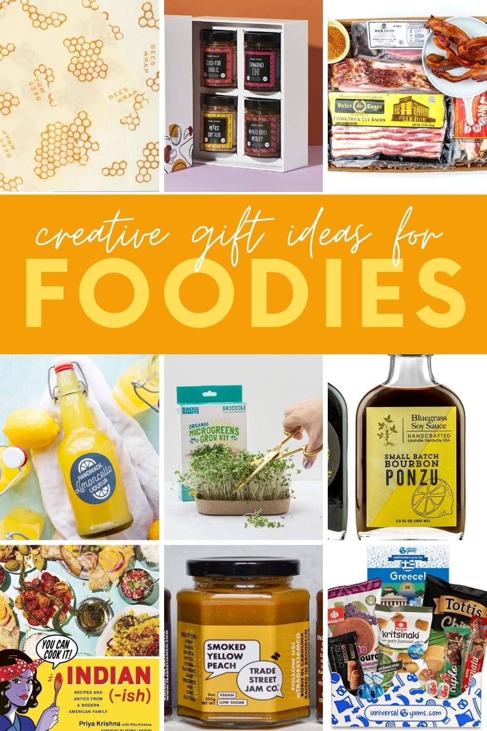 Collage of nine gift ideas for foodies. A text overlay reads, "Creative Gift Ideas for Foodies."