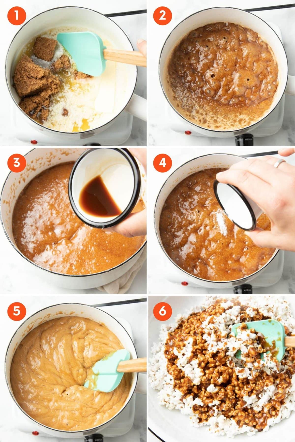 Collage of six steps to make caramel popcorn.