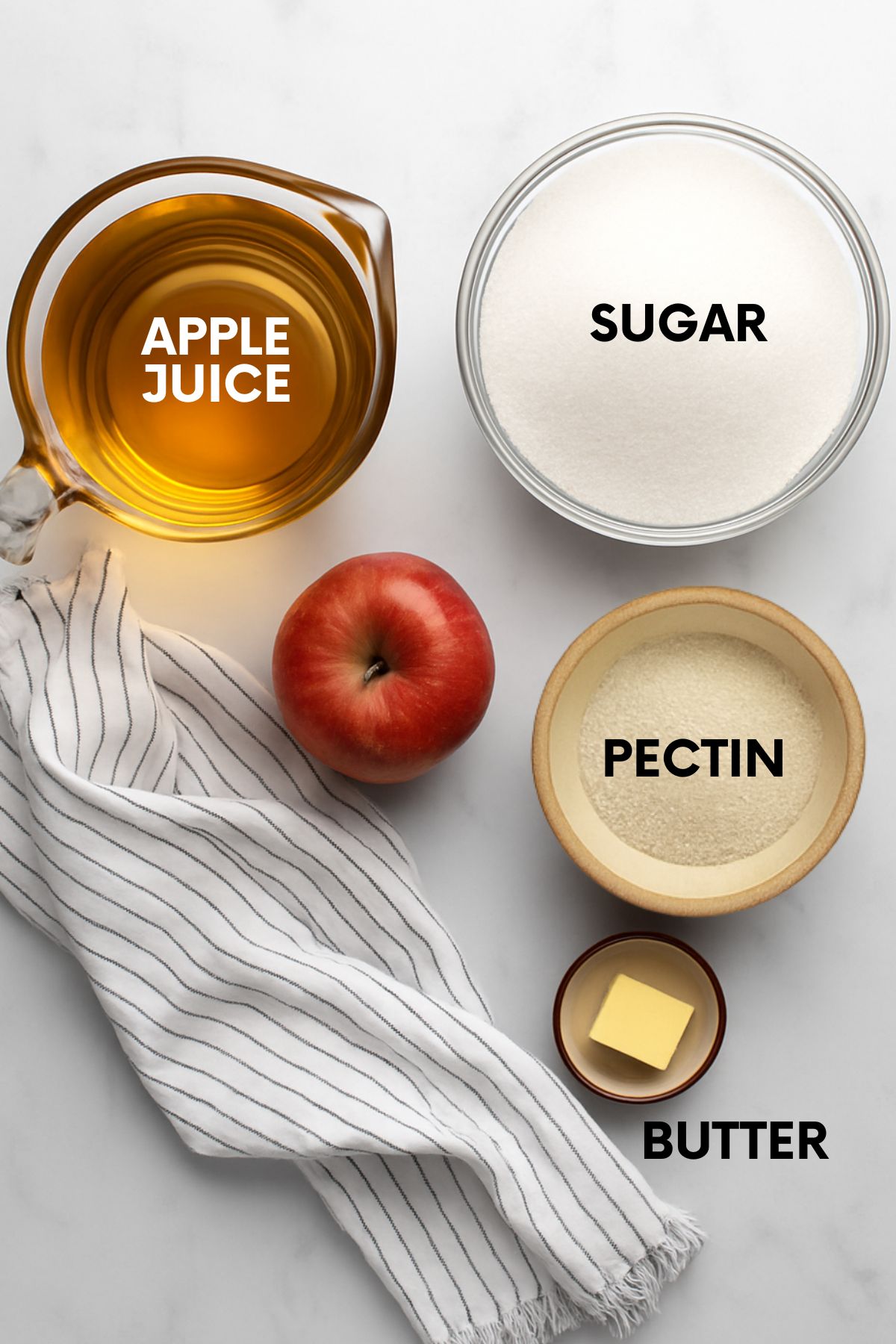 Ingredients for making apple jelly on a white marble countertop