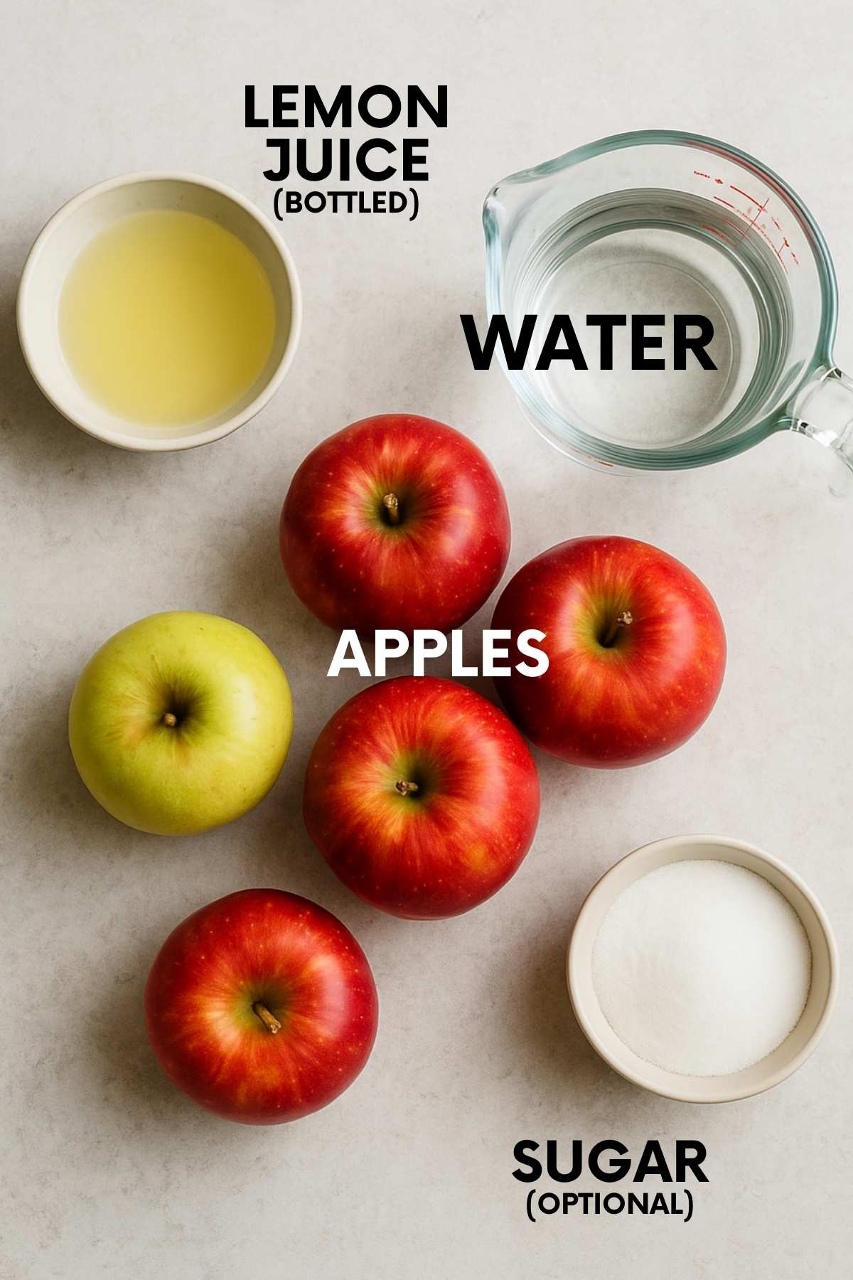 Ingredients for canning applesauce sit on a gray countertop: apples, lemon juice, water, and sugar