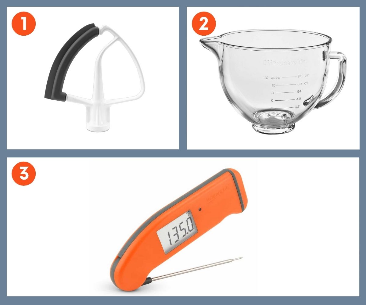 Collage of three tools for baking including a digital thermometer and a paddle attachment for a stand mixer with a bowl scraper.