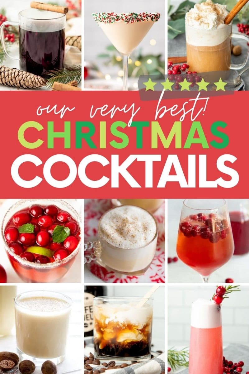 Collage of nine holiday cocktails. A text overlay reads, "Our very best Christmas Cocktails."