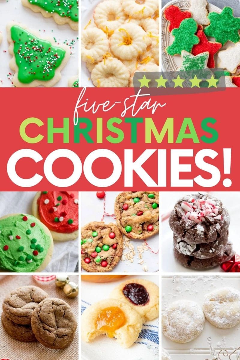 Collage of nine unique and traditional Christmas cookies. A text overlay reads, "Five-Star Christmas Cookies!"