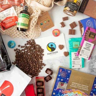 An assortment of fairtrade gift ideas are laid out on a tabletop.