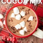 Overhead of marshmallows and chocolate shavings floating on top of homemade hot cocoa. A text overlay reads, "The Best! Cocoa Mix. An Affordable & Thoughtful Holiday Gift!"