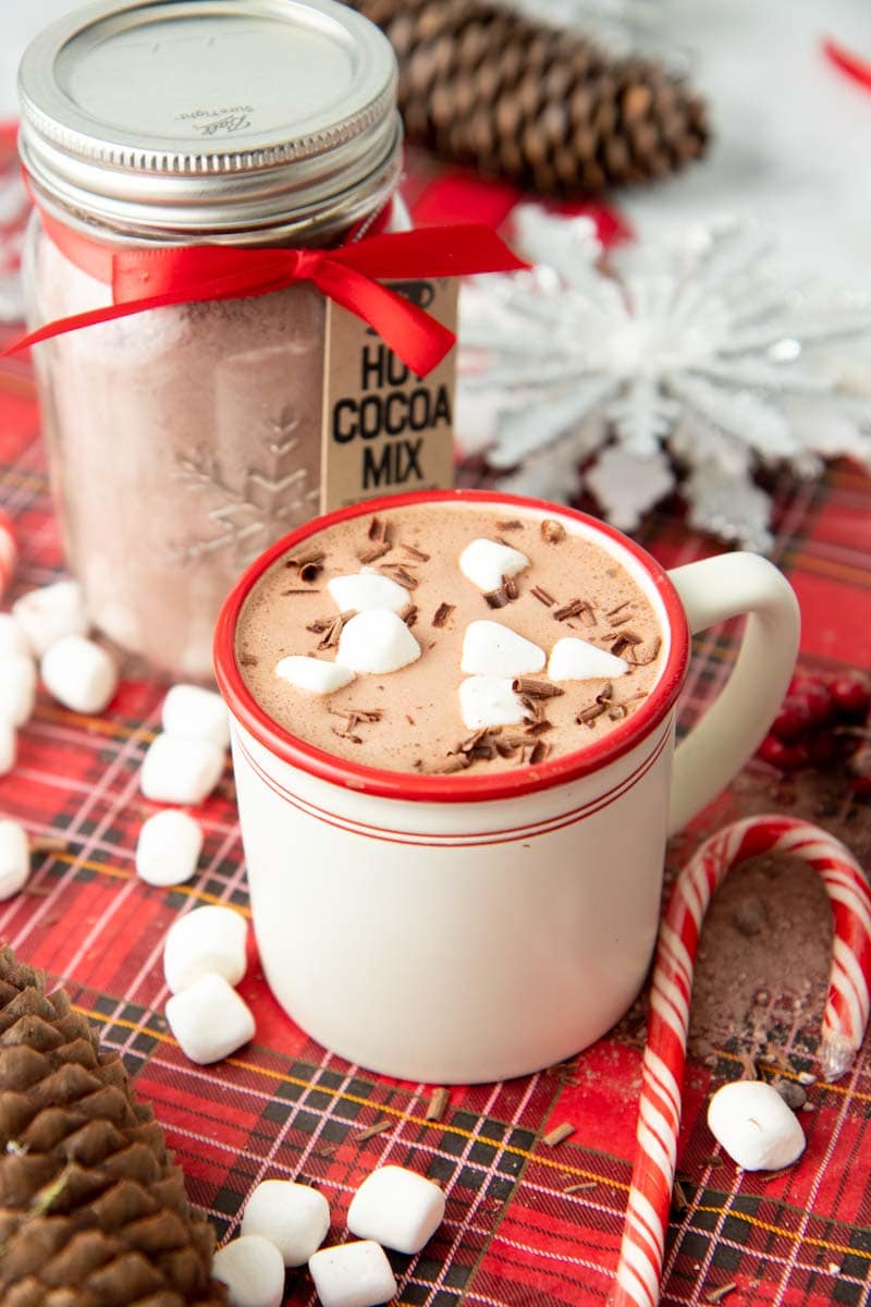 A mug of hot chocolate garnished with marshmallows and chocolate shavings sits in front of a jar of homemade mix.