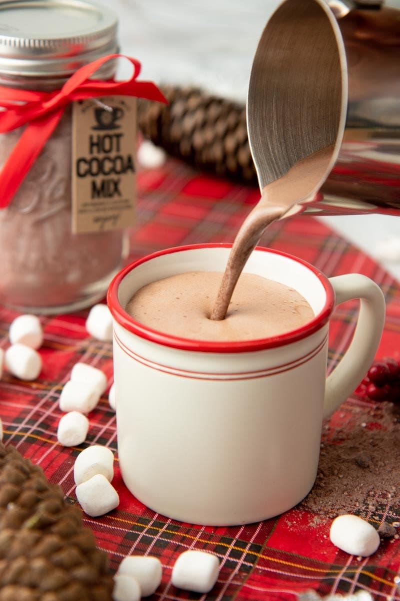 Pouring hot chocolate into a mug.