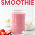 Berry smoothie with glass straw on a counter with fresh ingredients. A text overlay reads, "Mixed Berry Smoothie. Packed Full of Antioxidants!"