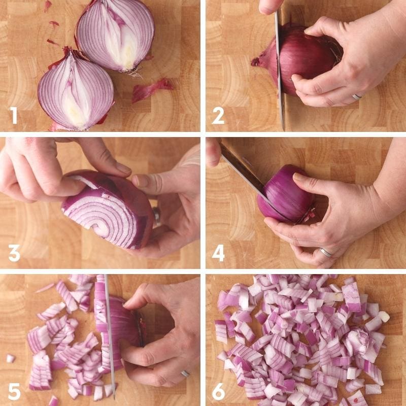 Collage of six steps for how to dice an onion.