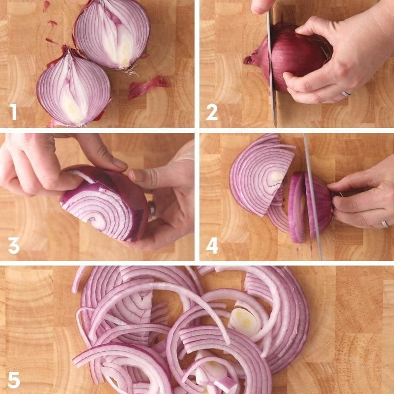 Collage of five steps for how to slice an onion.