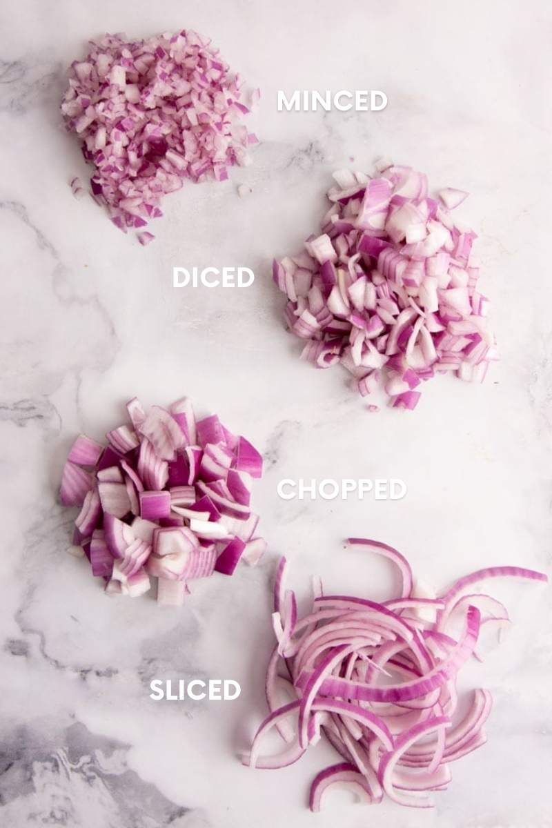 Overhead of four piles of red onions, labeled from top to bottom: minced, diced, chopped, and sliced.