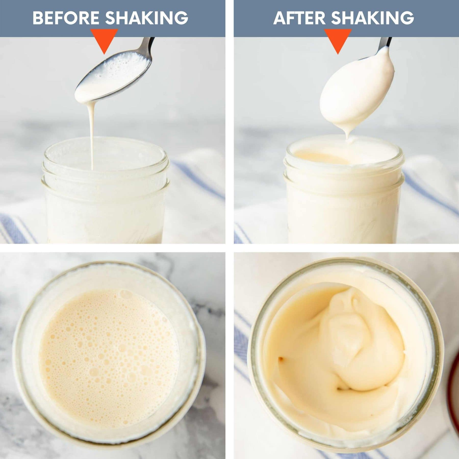 A split image shows what mason jar ice cream should look like before and after shaking.