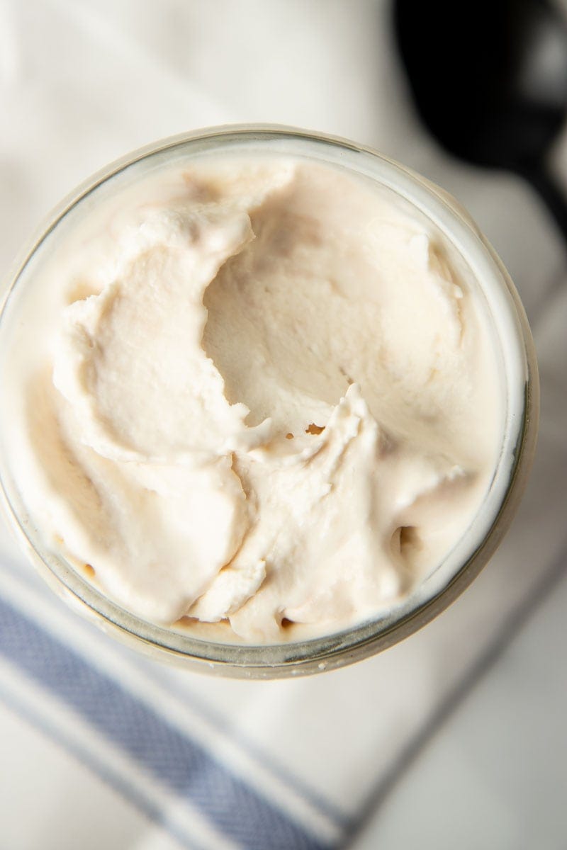 A close-up shows what mason jar ice cream looks like once it is frozen from above