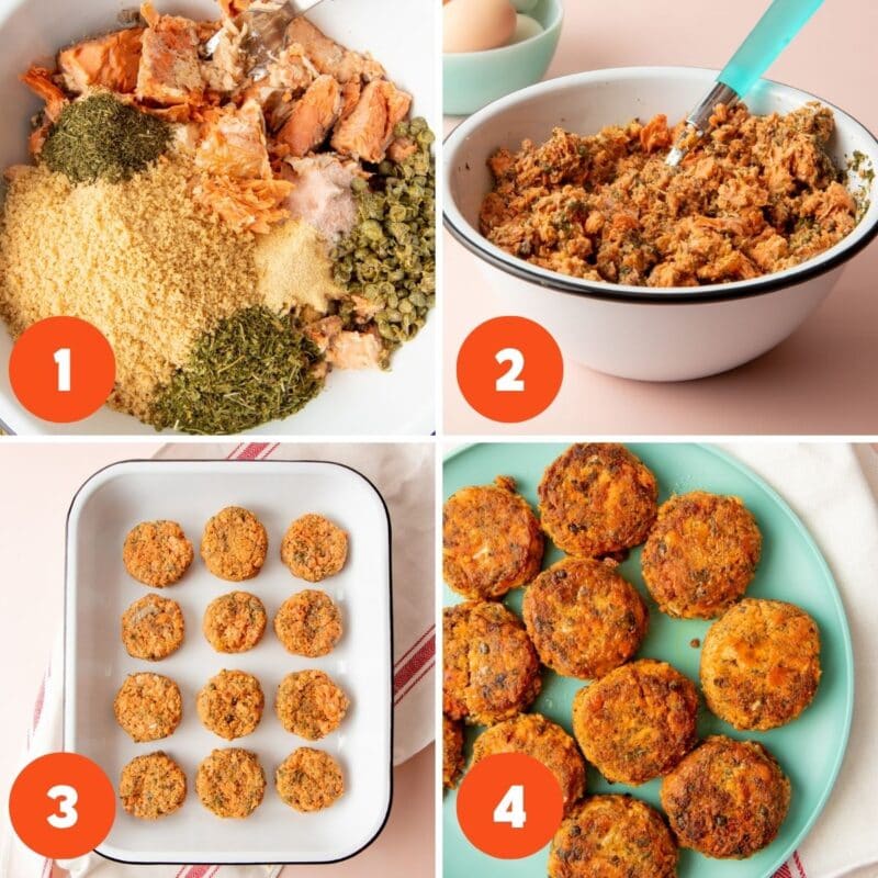 A step-by-step photo collage of making salmon patties. Step 1 shows ingredients in a white bowl. Step 2 shows the ingredients mixed in the bowl. Step 3 shows the uncooked patties formed on a white platter. Step 4 shows the finished patties on a teal plate.