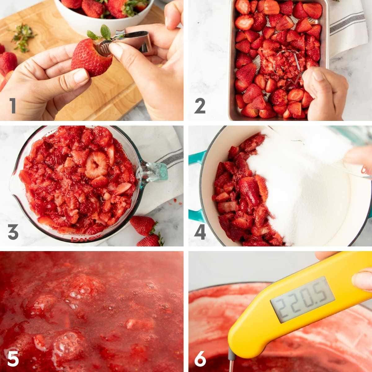 A collage of images shows step by step how to make strawberry jam without pectin