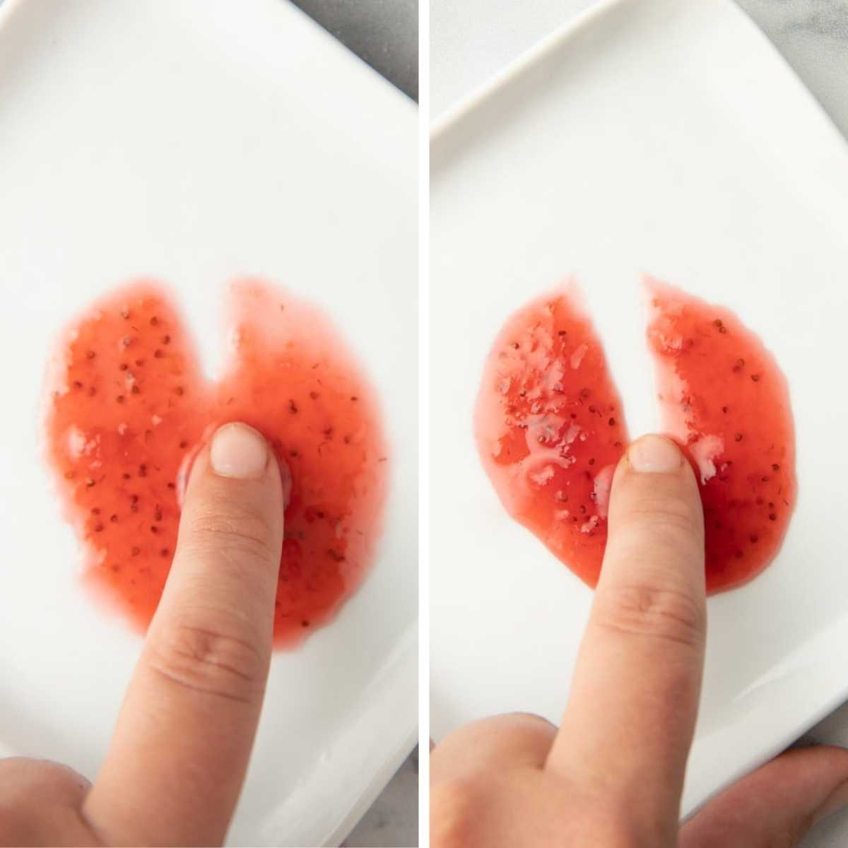 A split image shows a finger pulling through strawberry jam to test its set