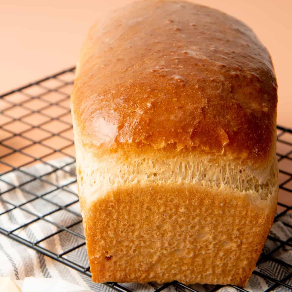 Baked loaf of sandwich bread cooling on baking rack