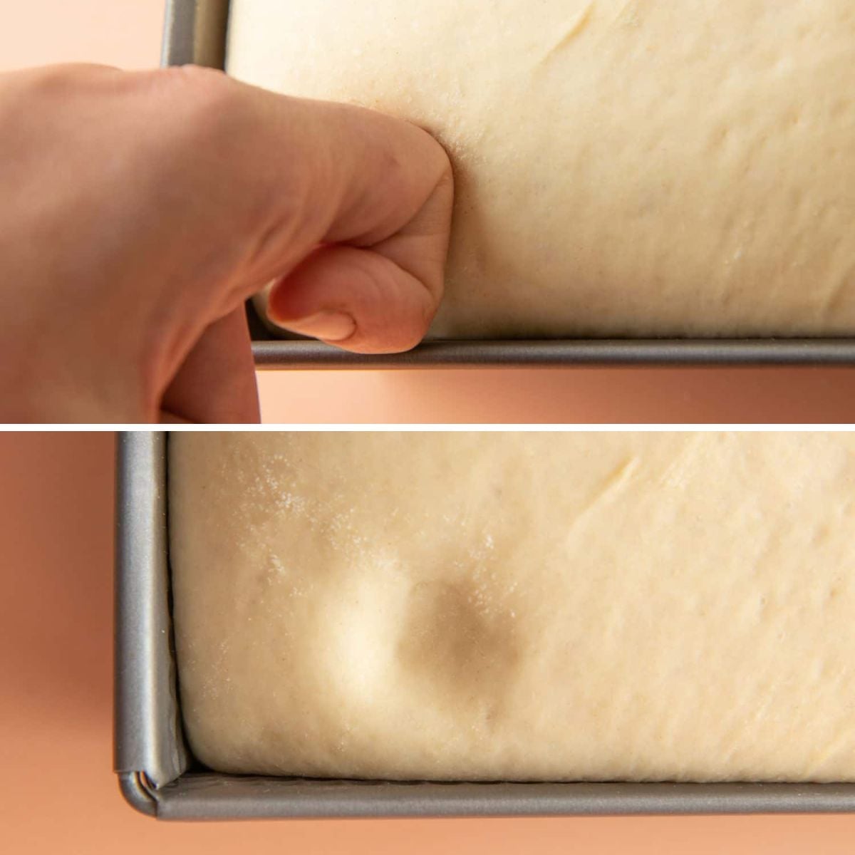 Finger pressing into risen sandwich bread dough in a loaf pan to test if it is ready to bake.