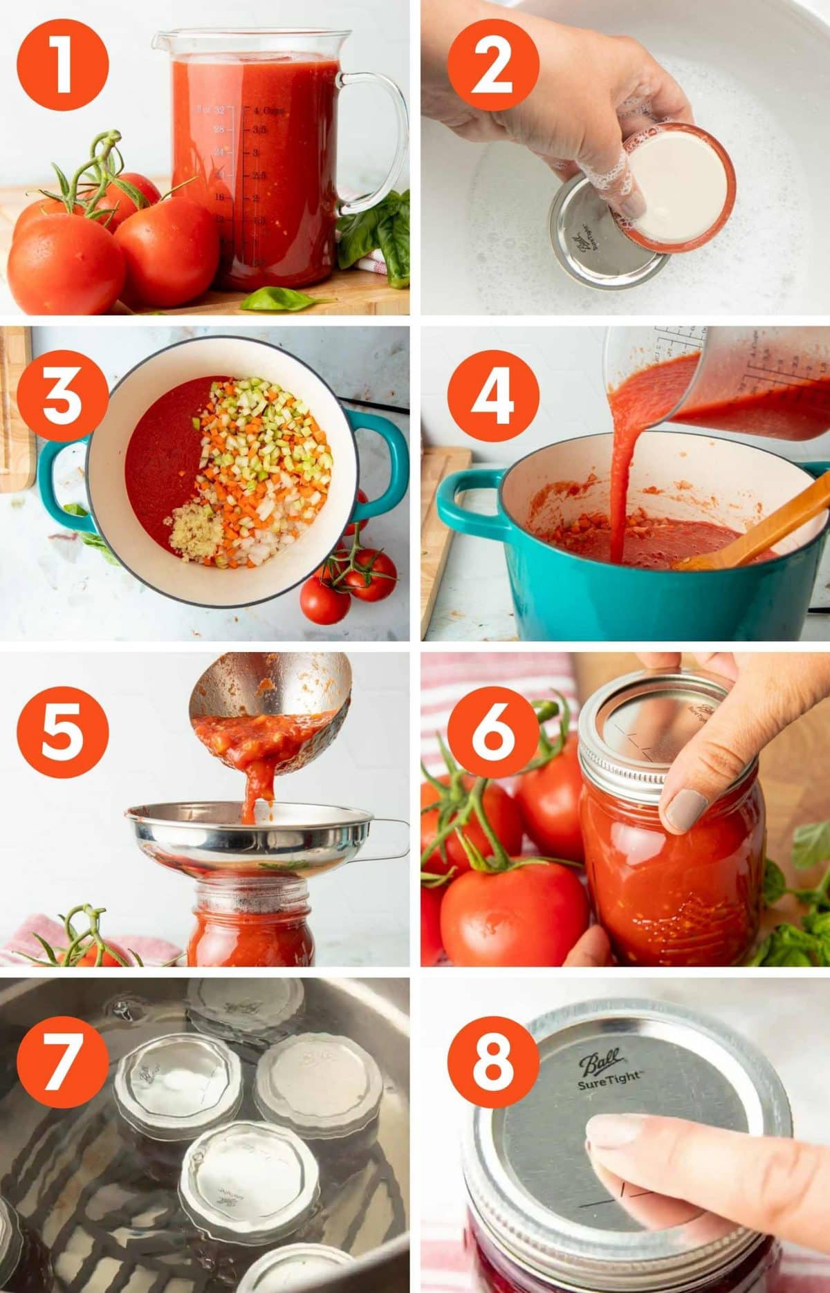 Collage of images showing the steps for canning spaghetti sauce