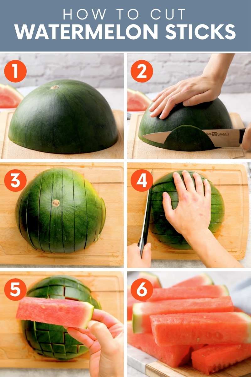 Collage of images showing six steps to cutting watermelon sticks.