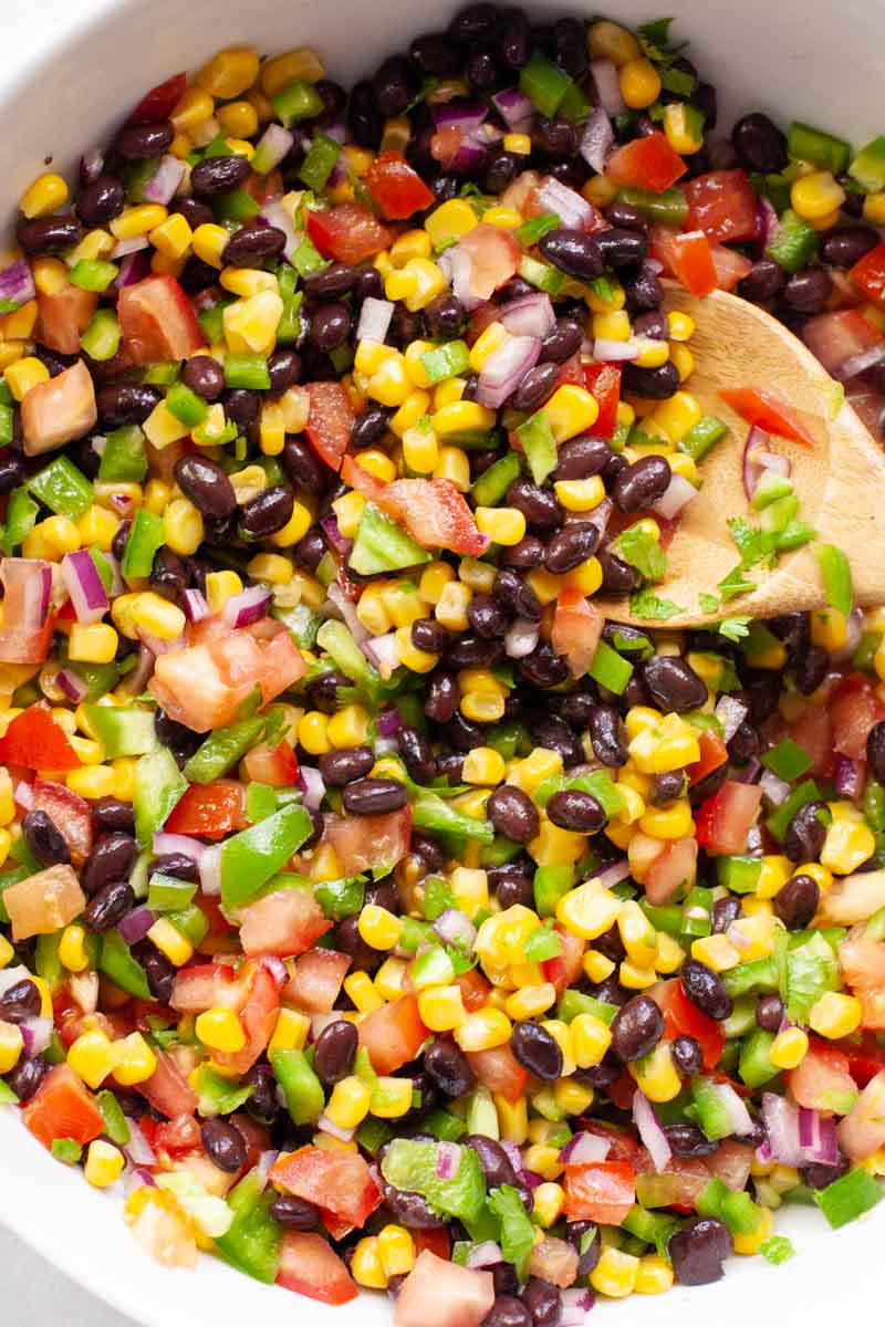 Close up of finished black bean and corn salsa.