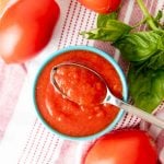 A spoonful sits atop a bowl of finished puree.