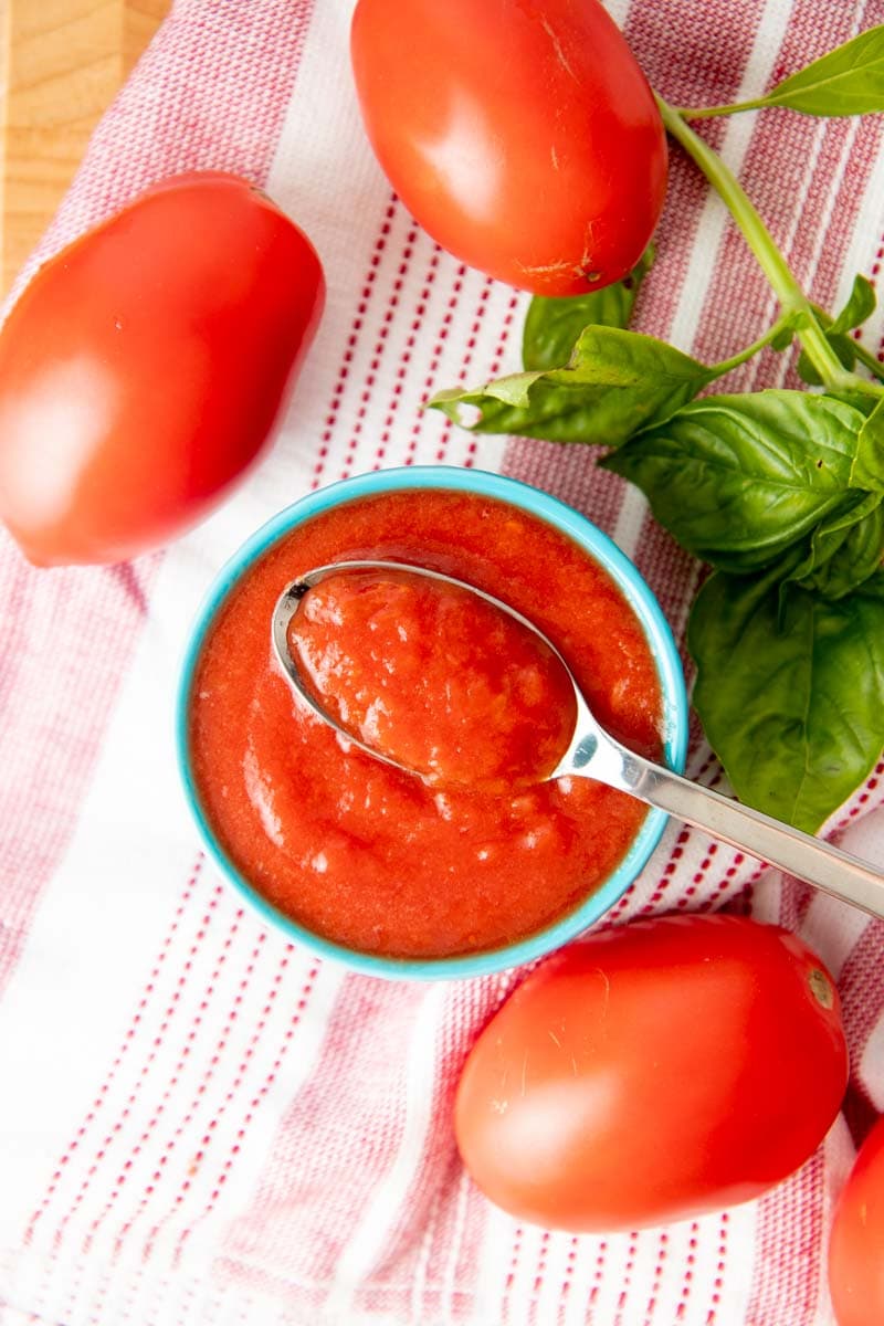 A spoonful sits atop a bowl of finished puree.