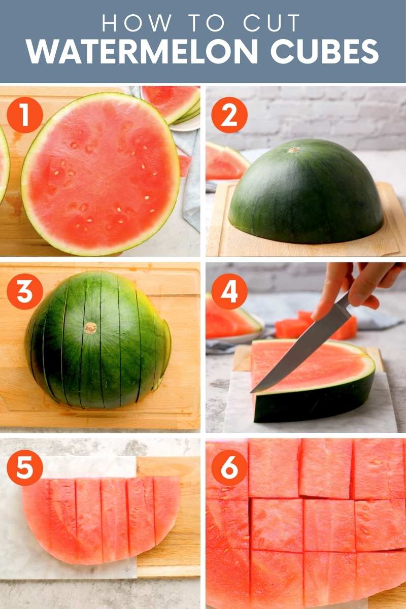Collage of images showing the six steps to cutting watermelon cubes.