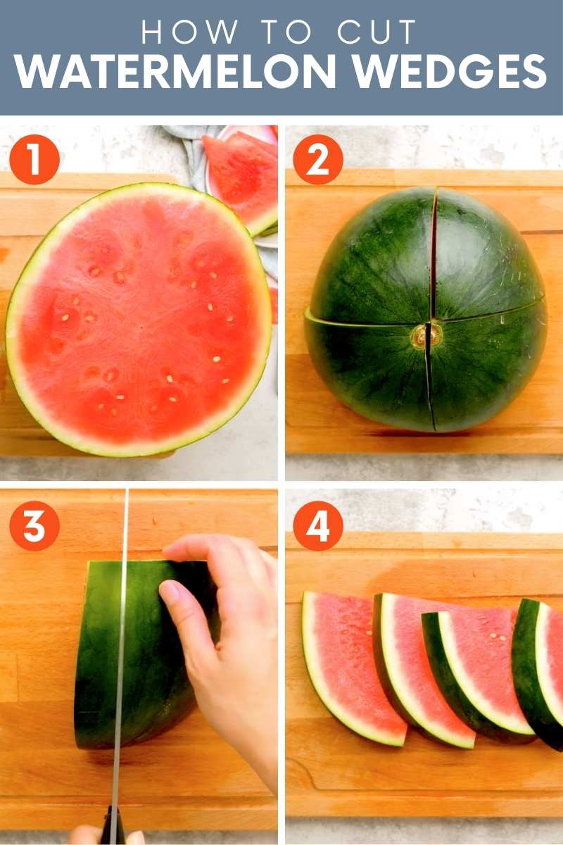 Collage of images showing the four steps to cutting watermelon wedges.