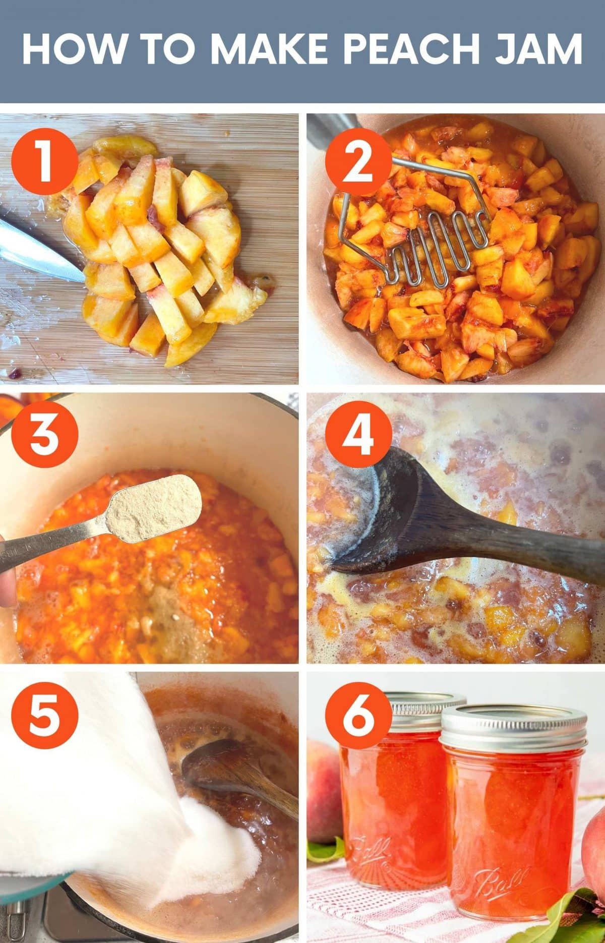 A collage of images shows the step by step instructions for making peach jam