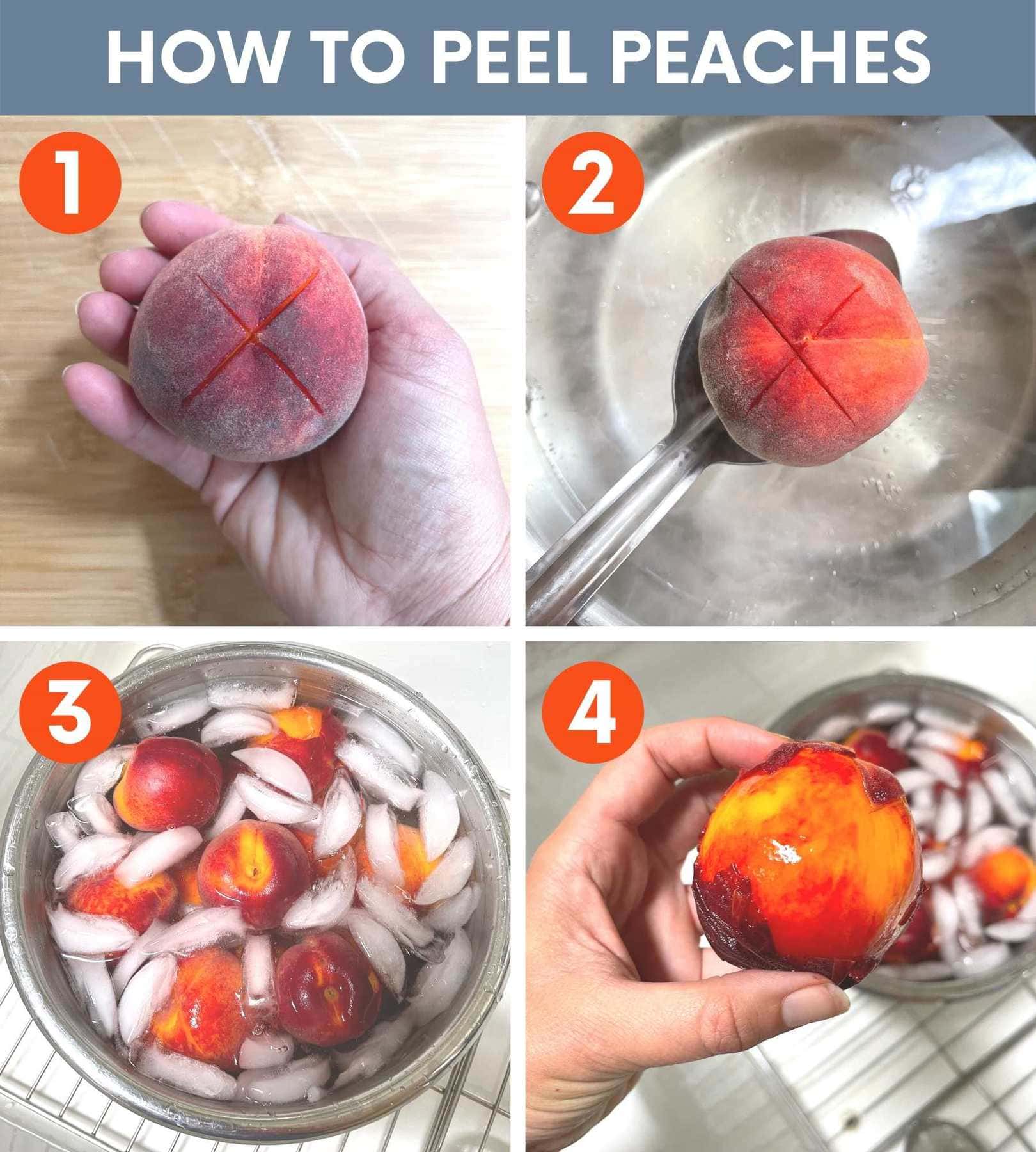 A collage showing the four steps required to peel peaches.