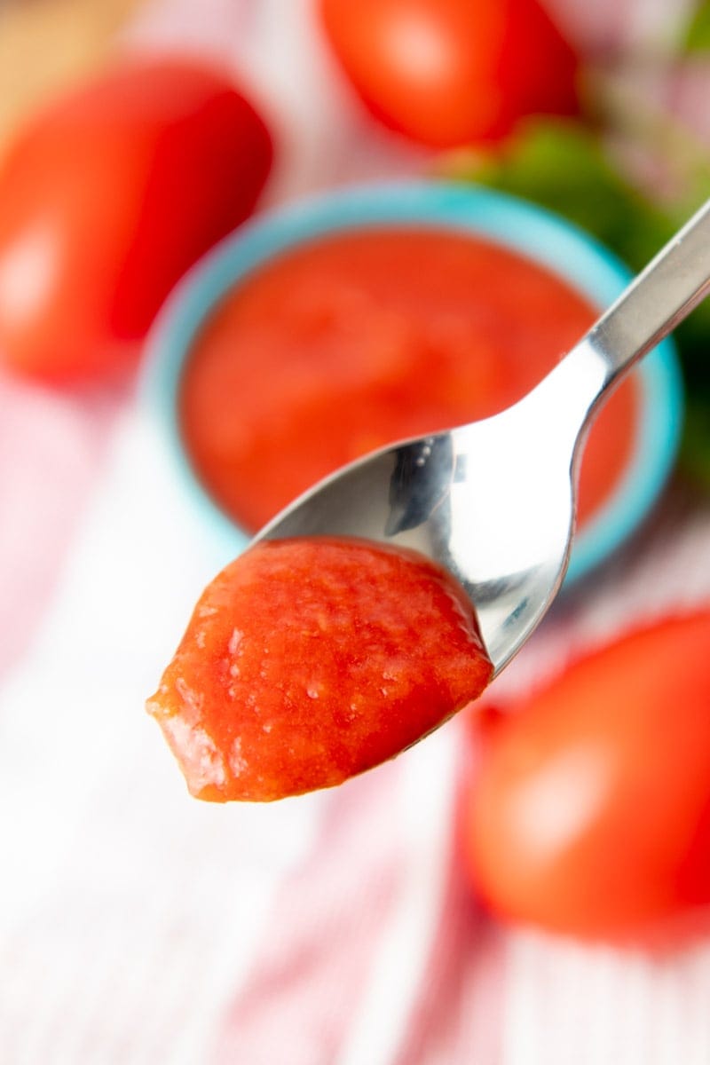 Close up of a spoonful of fresh tomato puree.