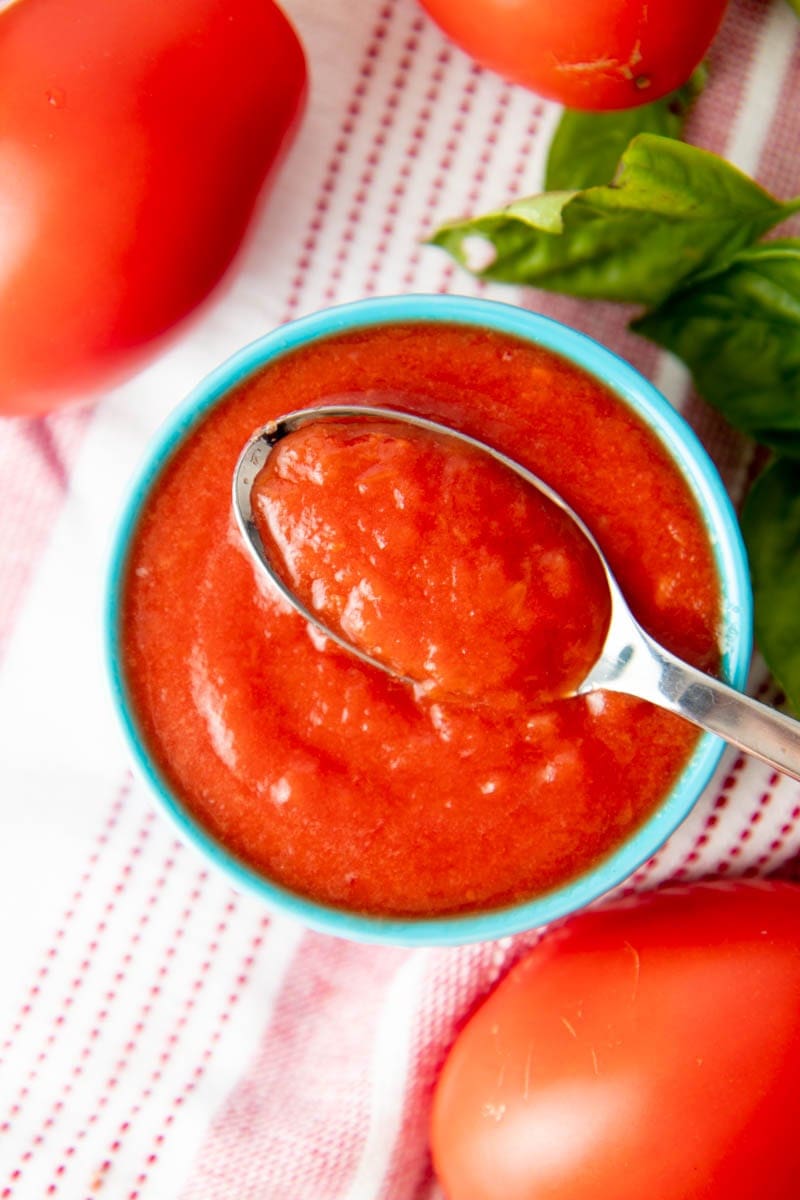 Overhead of a bowl of fresh tomato puree with a spoonful on top.
