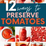 Collage showing nine different methods for preserving tomatoes for winter. A text overlay reads, "12 Ways to Preserve Tomatoes."